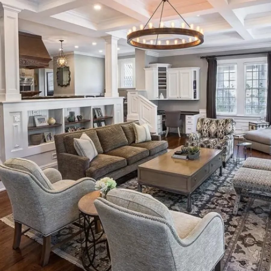 Modern living room with fireplace and custom built-ins