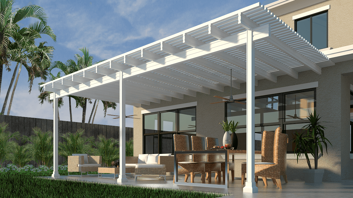 Aria shade trellis with white aluminum framing in Jacksonville